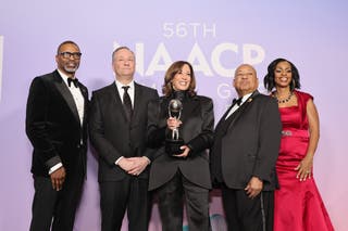 (L-R) Derrick Johnson, President and CEO, NAACP, Doug Emhoff, Former Vice President Kamala Harris, winner of the Chairman's Award, Leon W. Russell and Karen Boykin-Towns pose in the press room during the 56th NAACP Image Awards at Pasadena Civic Auditorium
